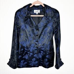 Vintage Scaasi Black Navy Blue Floral Satin Jacquard Button Down Blazer Jacket 6